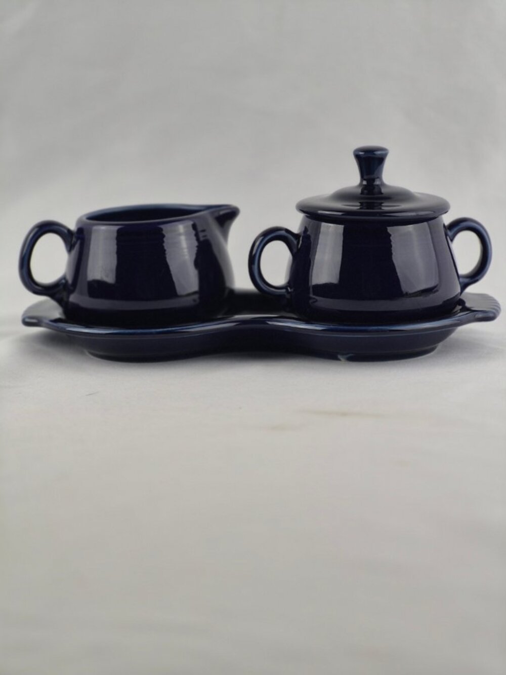 Fiestaware Cobalt Blue Creamer, Sugar with Lid & Figure 8 Tray Set
